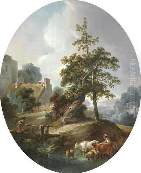 Landscape with a young boy and a shepherdess with cows and sheep Oil Painting by Jean-Baptiste Huet