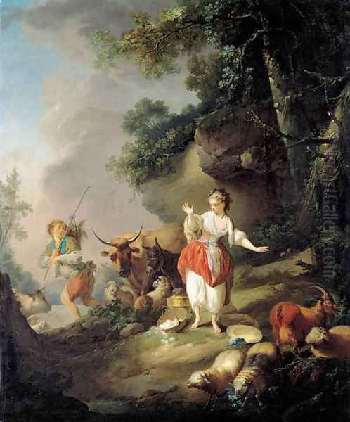 Les oeufs casses A shepherdess startled by a drover and his cattle in a pastoral landscape Oil Painting by Jean-Baptiste Huet