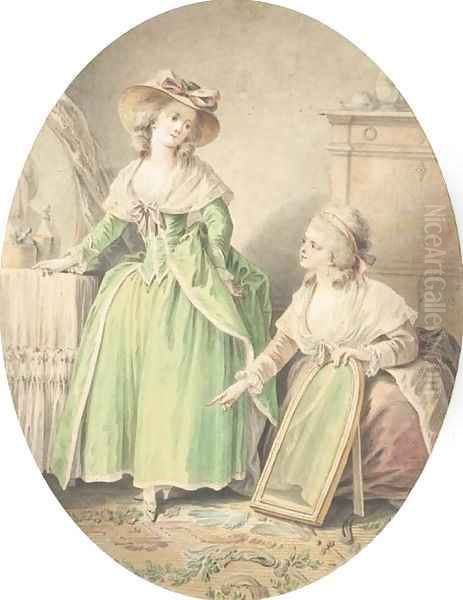 A girl looking at her shoes in a mirror held by a kneeling maid Oil Painting by Jean-Baptiste Huet