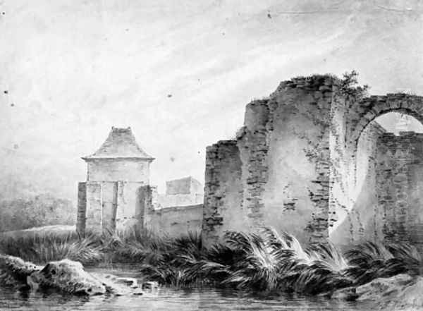 The fortified walls of a ruined city Oil Painting by Jean-Baptiste Huet