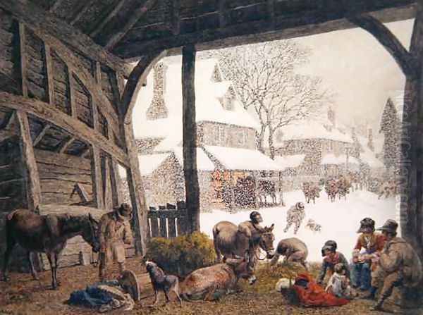 A Village Snow Scene Oil Painting by Robert Hills