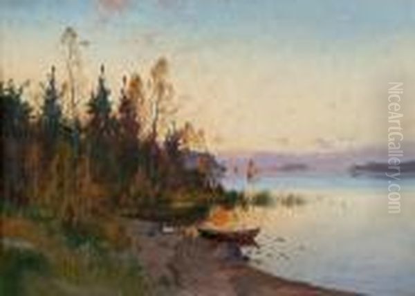 Lakeat Sunset Oil Painting by Carl Brandt