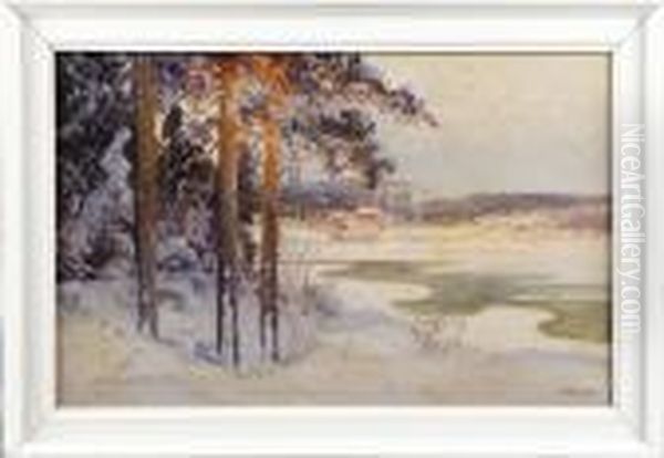 Vinterlandskapvid Sjo Oil Painting by Carl Brandt