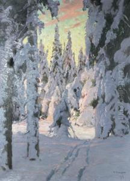 Skog I Vinterskrud Oil Painting by Carl Brandt