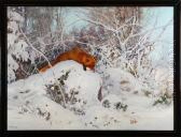 A Winter Scenery With A Fox. Signed Oil Painting by Carl Brandt