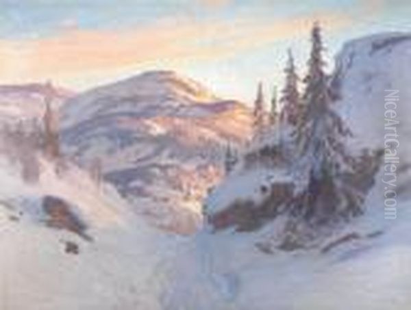 Vinterlandskap, Sol Over Fjallet. Signerad. Duk, 96x128 Oil Painting by Carl Brandt