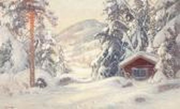 Vinterlandskap Med Snotackt Hus. Signerad. Duk, 57x93 Oil Painting by Carl Brandt