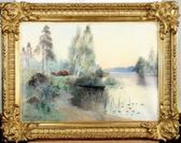 Insjolandskap Med Fiskare Oil Painting by Carl Brandt