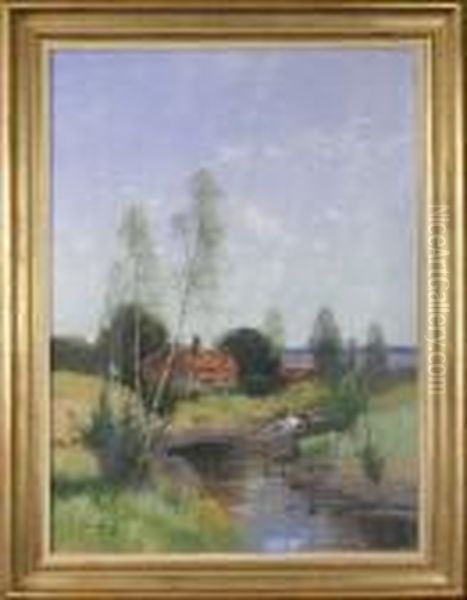 Insjolandskap Med Stuga Oil Painting by Carl Brandt