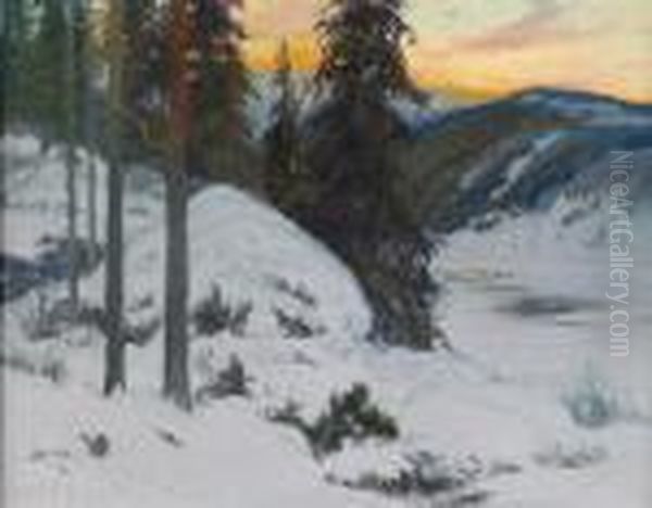 Norrlandskt Vinterlandskap I Aftonstamning Oil Painting by Carl Brandt