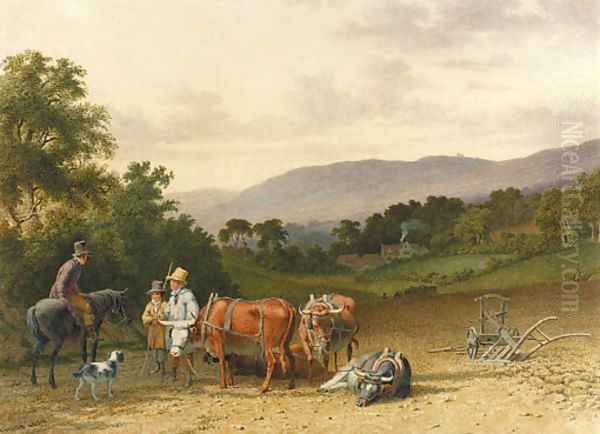 Figures, horses and oxen on a road Oil Painting by Robert Hills