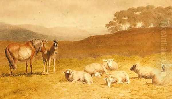 Sheep and ponies resting in an extensive landscape Oil Painting by Robert Hills