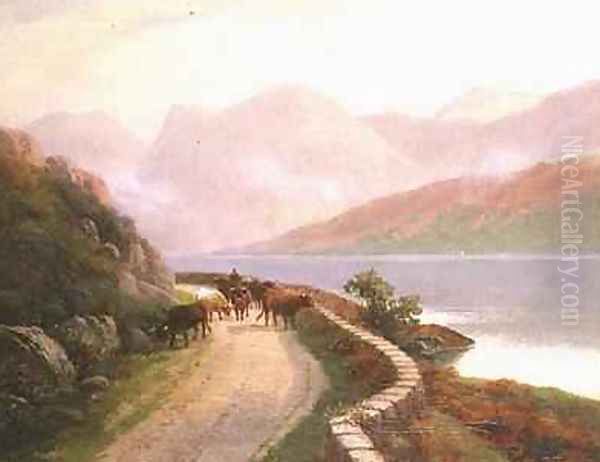 Drover with Cows by Lake Buttermere Evening Oil Painting by H.R. Hall