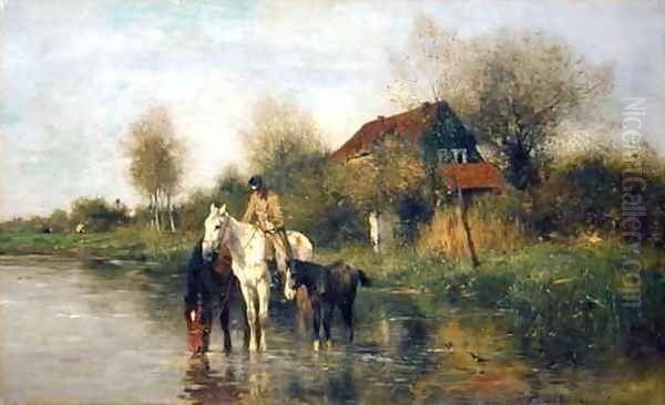 Horses at Water Oil Painting by Thomas Ludwig Herbst