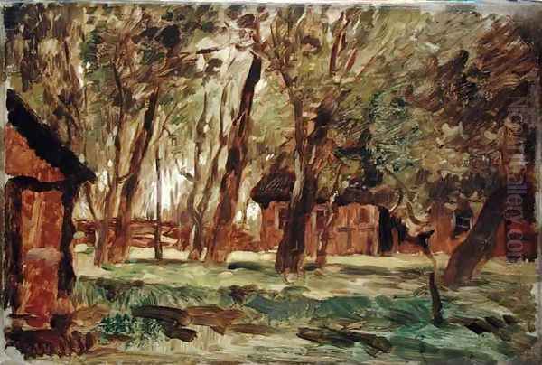 Farmstead under Trees Oil Painting by Thomas Ludwig Herbst