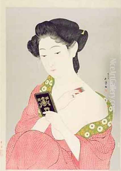 A Woman in Nagajuban Powdering her Neck Oil Painting by Goyo Hashiguchi