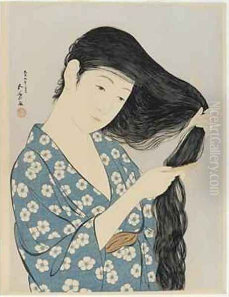 Woman combing her hair Oil Painting by Goyo Hashiguchi