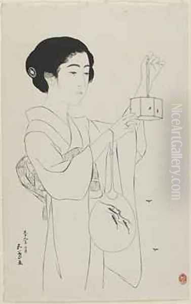 Woman Holding a Firefly Cage Taisho era Oil Painting by Goyo Hashiguchi