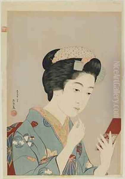 Woman Applying Lip Rouge Taisho era Oil Painting by Goyo Hashiguchi