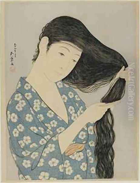 Woman Combing Her Hair Taisho era Oil Painting by Goyo Hashiguchi