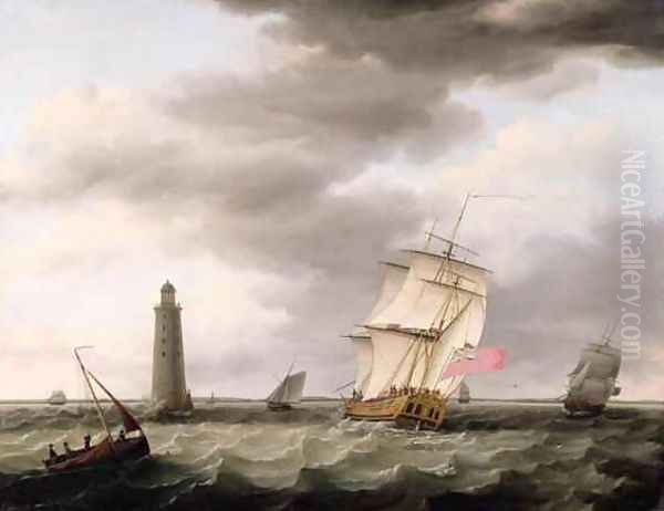 A Man of War passing the Eddystone Lighthouse Oil Painting by Francis Holman