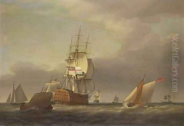 A Seascape with Men of War and Small Craft Oil Painting by Francis Holman