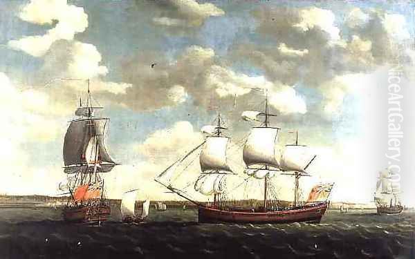 Portrait of an East Indiaman in three positions off Portsmouth Oil Painting by Francis Holman