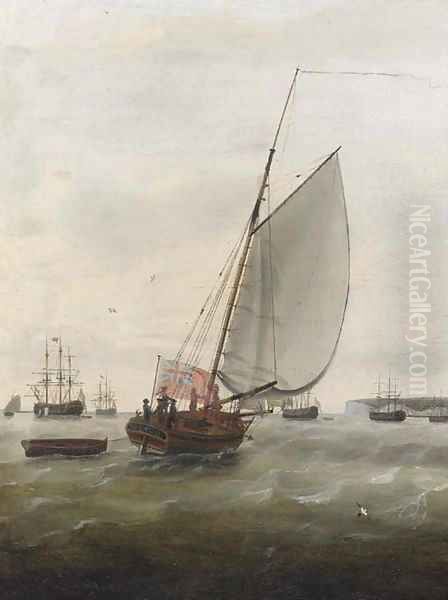 The cutter Mermaid running into the fleet anchorage at the Downs Oil Painting by Francis Holman