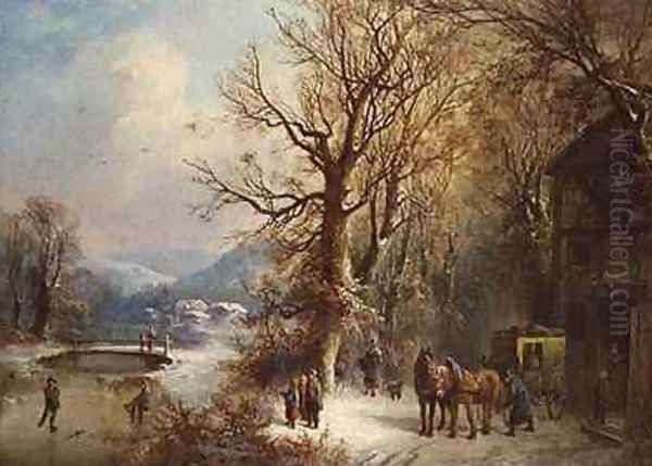 Coach and Horses in a Snowy Landscape Oil Painting by Guido Hampe