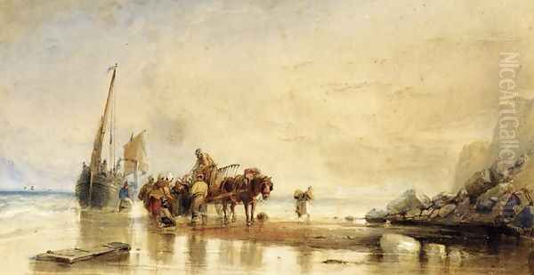 Figures Unloading Fishing Boats on Shore Oil Painting by George Howse