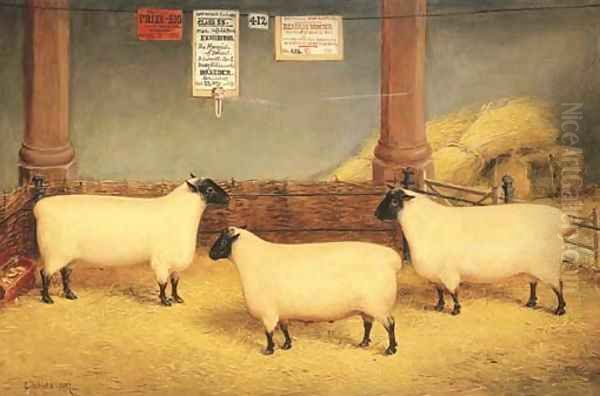 The Marquis of Bristol's Prize Winning Suffolk Sheep Oil Painting by Edwin Frederick Holt