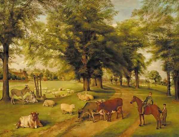 A wayside conversation in a park, with a village beyond Oil Painting by Edwin Frederick Holt