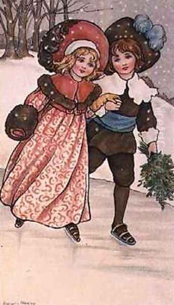 Girl and Boy Skating Oil Painting by Florence Hardy