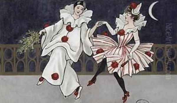 Postcard depicting Pierrot and his companion Oil Painting by Florence Hardy