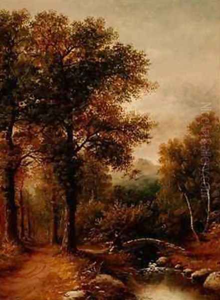 An Angler by a Woodland Stream Oil Painting by Henry Harris