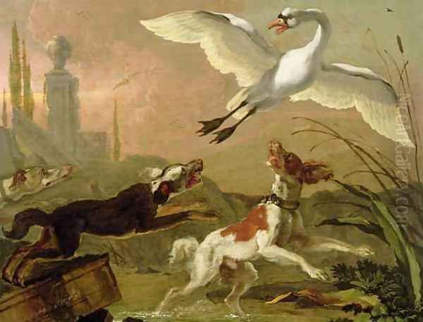 Swan being chased by three dogs Oil Painting by Abraham Danielsz Hondius