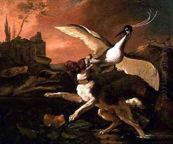 A Spaniel Attacking a Heron Oil Painting by Abraham Danielsz Hondius