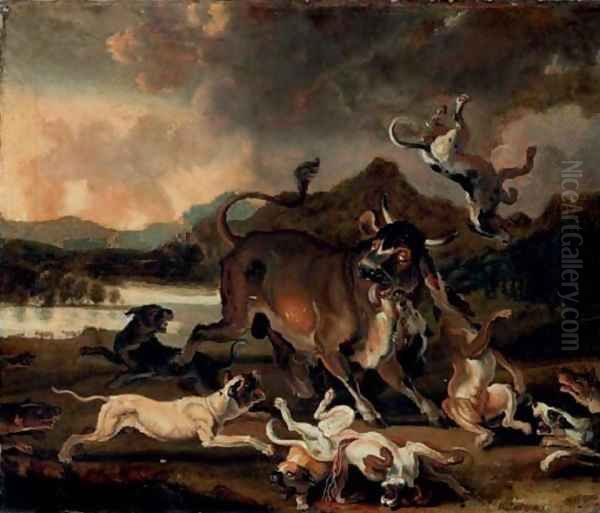 Hounds attacking a bull in a river landscape Oil Painting by Abraham Danielsz Hondius