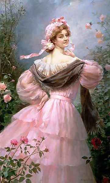 Elegant woman in a rose garden Oil Painting by Felix Hippolyte-Lucas