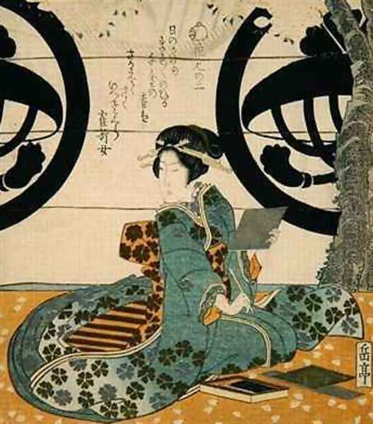 Beauty Viewing Flowers Oil Painting by Gakutei Harunobu