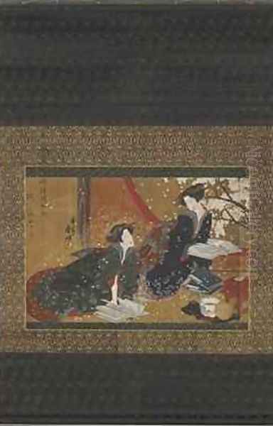 Two geisha reading from a book Oil Painting by Gakutei Harunobu