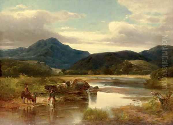 Horse Riders by a River; Scottish Countryside Two Works Oil Painting by William M. Hart