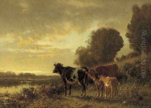 Sunset with Cows Oil Painting by William M. Hart