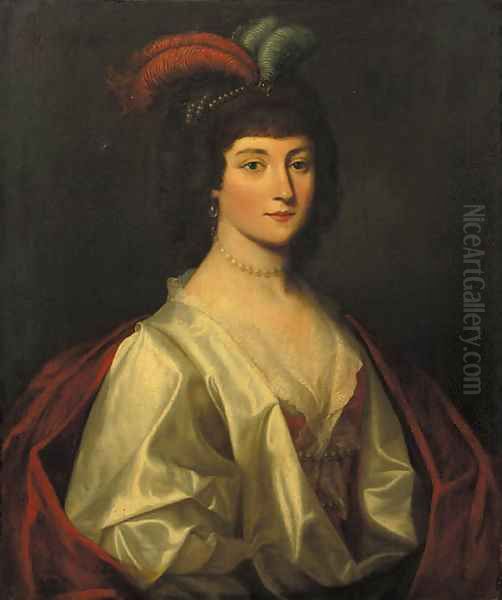 Portrait of a noblewoman, said to be Sophie von Braunschweig Lunneburg, Kurfarstin of Hannover (1630-1714), half length, wearing a white silk dress Oil Painting by Gerrit Van Honthorst