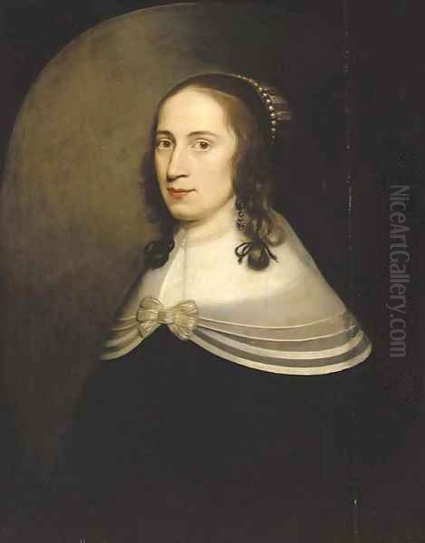 Portrait of a lady, half-length, in a black dress with a white collar and a pearl necklace Oil Painting by Gerrit Van Honthorst