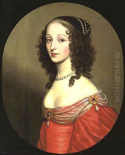 Portrait of a lady, half-length, in a red dress and transparent scarf Oil Painting by Gerrit Van Honthorst