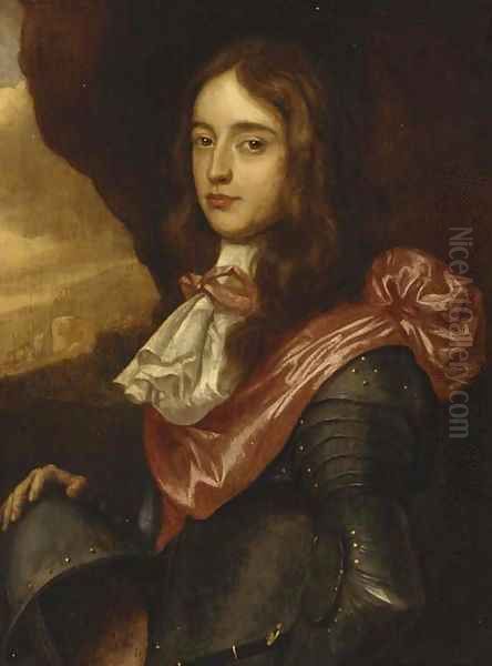 Portrait of a nobleman, thought to be Prince Rupert Palatine, small-half-length, in armour with a crimson sash, a landscape beyond Oil Painting by Gerrit Van Honthorst