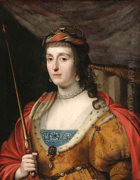 Portrait of Elizabeth, Queen of Bohemia, half-length, in a gold- embroidered dress with ermine lining, a red cape and holding a sceptre Oil Painting by Gerrit Van Honthorst