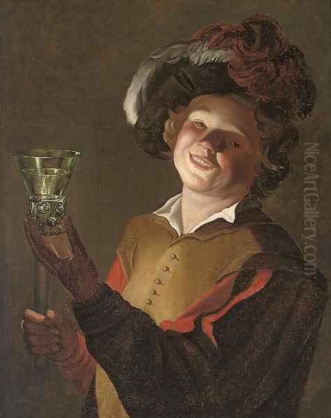 A laughing man, a roemer of wine in his left hand Oil Painting by Gerrit Van Honthorst