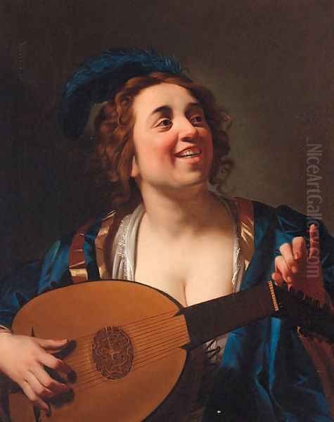 A woman playing the lute Oil Painting by Gerrit Van Honthorst